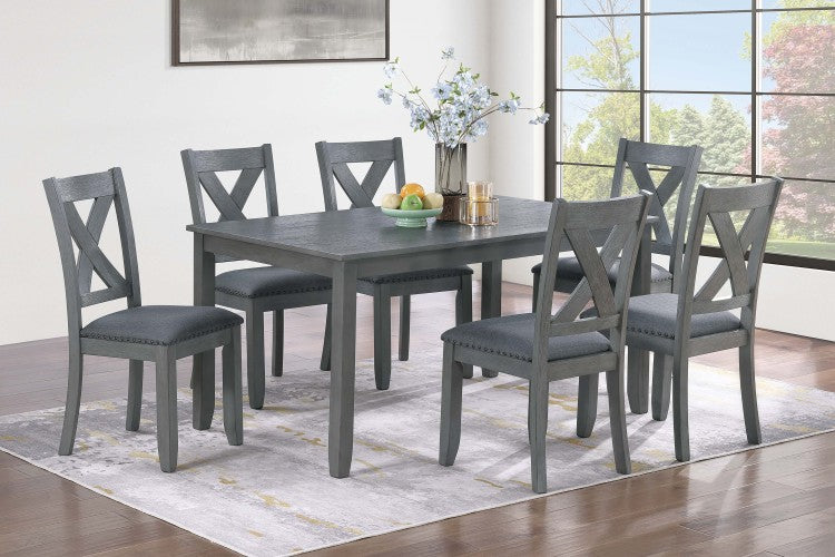 Gray Finish Dining Table 6X Chairs 7Pcs Dining Set Cushion Seat Nailhead X Cross Back Chairs Dining Room Furniture Modern Style