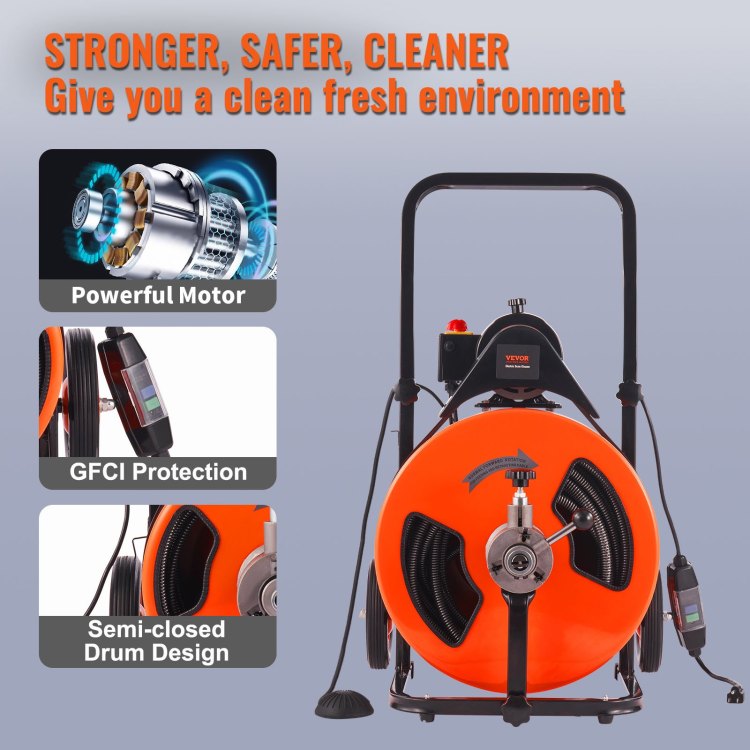 Drain Cleaning Machine 100Ft X 3 4 Inch, Sewer Snake Machine Auto Feed, Drain Auger Cleaner With 4 Cutter & Air Activated Foot Switch For 1" To 4" Pipes