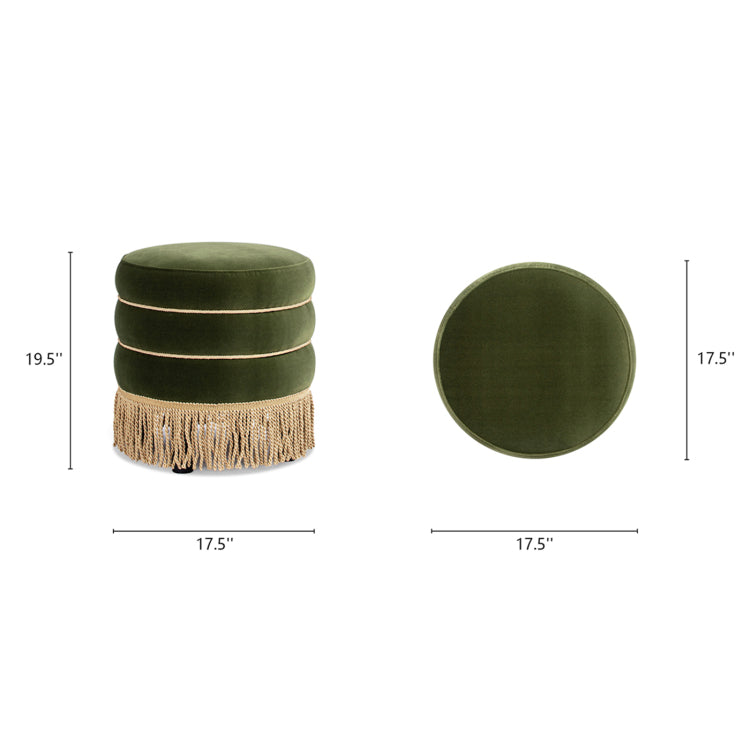 Edward 17.5" Round Upholstered Ottoman With Bullion Fringe, Olive Green Performance Velvet