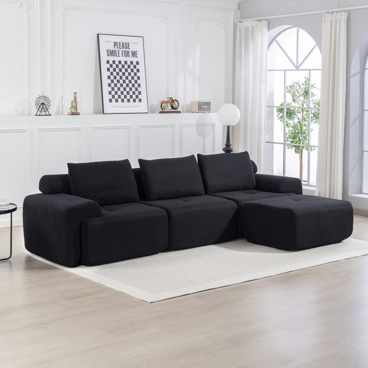 L Shaped Sectional Couches For Living Room With Memory Foam & Steel Frame No Assembly Convertible Sofa Bed, Corduroy Fabric Compression Sofa, Modular Couch For Apartments,Bedrooms,Home Theate,Black