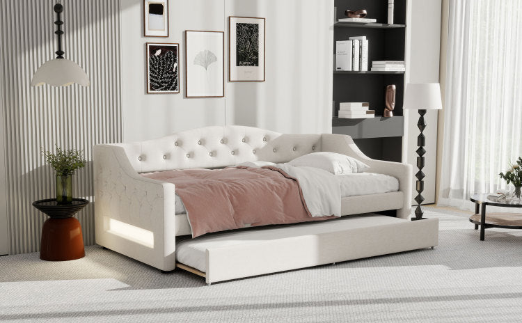Upholstered Twin Xl Size Daybed With Led Belt And Trundle, Beige