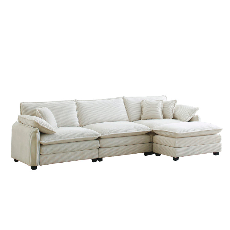 Oversize 3 Seater Sofa With One Footrest, L Shaped Sectional Sofa With Ottoman For Living Rooms, White Corduroy Sofa