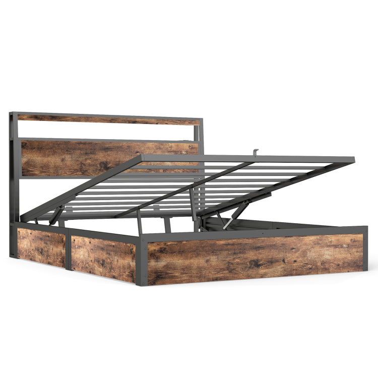 Full Size Rustic Brown Hydraulic Lift Storage Bed Frame Metal Noise Free Structure Rgb Led Lights Usb Type C Charging Station, No Box Spring Needed