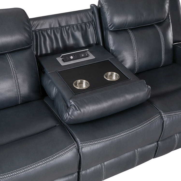 Modern Living Room Furniture 2Pc Reclining Sofa Set Blue Faux Leather Upholstery Reclining Sofa Loveseat With Cup Holders, Power Outlets, Usb Ports