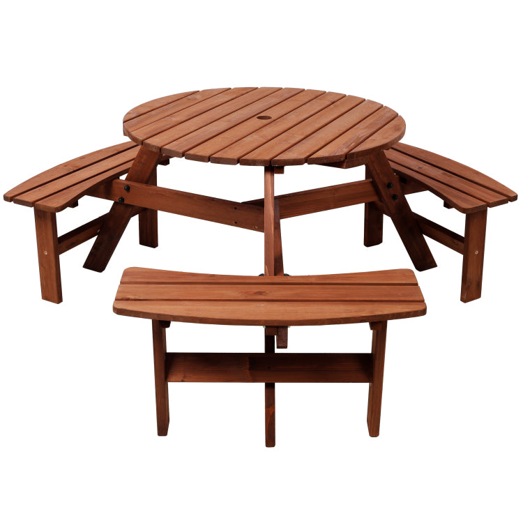 Wooden Picnic Table With 3 Built In Benches,6 Person Kids Picnic Table, With Umbrella Hole,Camping Dining Table For Garden Patio Backyard