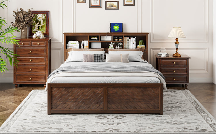 King Size Wood Platform Bed With Multi Storage Headboard, Usb And Drawers, Antique Wood Color