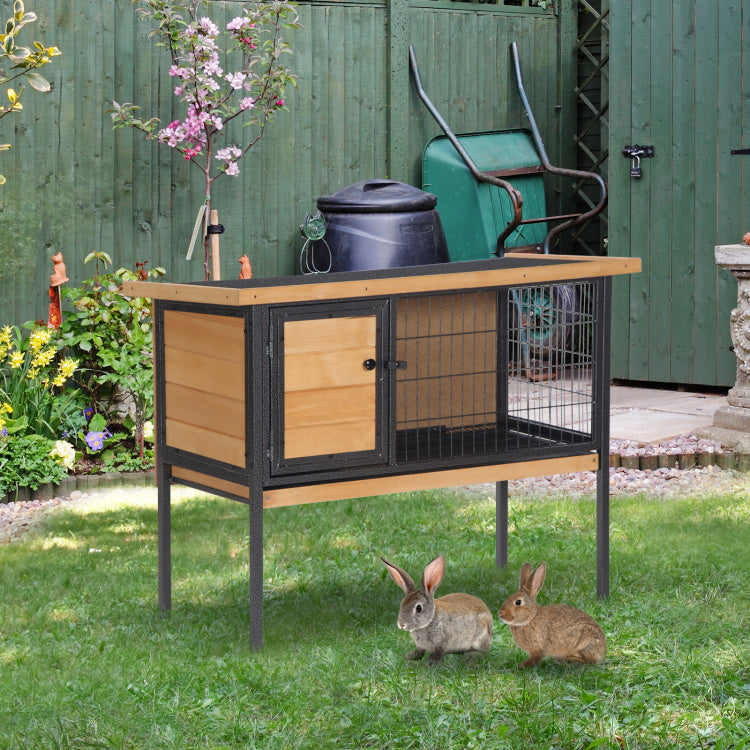 Pawhut Rabbit Hutch Elevated Bunny Cage Small Animal Habitat With Metal Frame, No Leak Tray, Mtetal Wire Pan And Openable Water Resistant Asphalt Roof For Indoor Outdoor Natural Wood