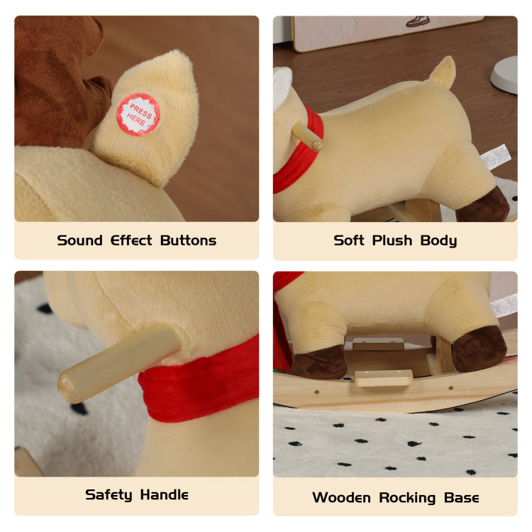 Kids Ride On Rocking Horse Toy With Jingle Bells,Moose Rocking Toy With Hand Puppets And Safety Belt For Children 1 3 Years,Soft Plush Fabric,Apricot,Cpc Certified