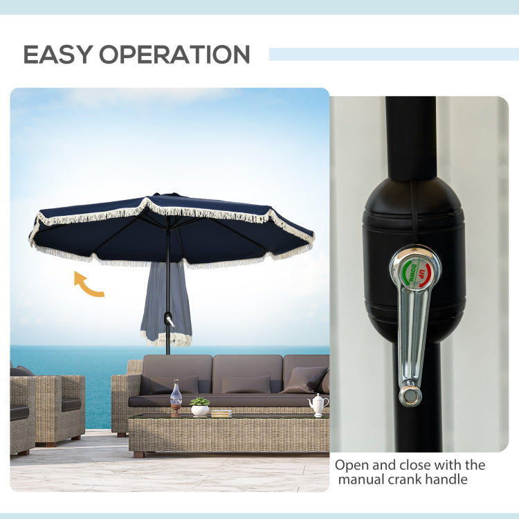Outsunny 9Ft Patio Umbrella With Push Button Tilt And Crank, Ruffled Outdoor Market Table Umbrella With Tassles And 8 Ribs, For Garden, Deck, Pool, Dark Blue