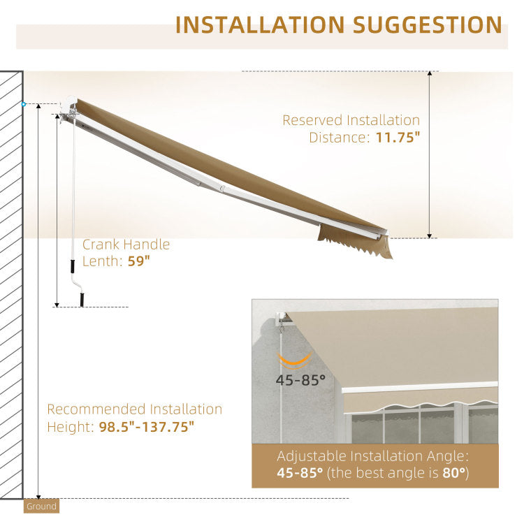 Outsunny 13' X 8' Retractable Awning, Patio Awnings, Sunshade Shelter W Manual Crank Handle, Uv & Water Resistant Fabric And Aluminum Frame For Deck, Balcony, Yard, Beige