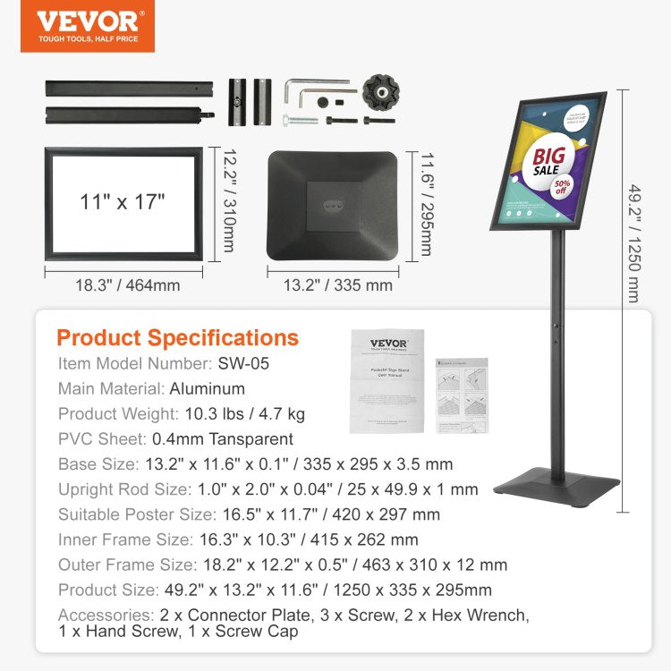 Pedestal Sign Holder, 11 X 17 Inch Vertical And Horizontal Adjustable Poster Stand, Heavy Duty Floor Standing Sign Holder With Metal Base For Display, Advertisement, And Outdoor, Black