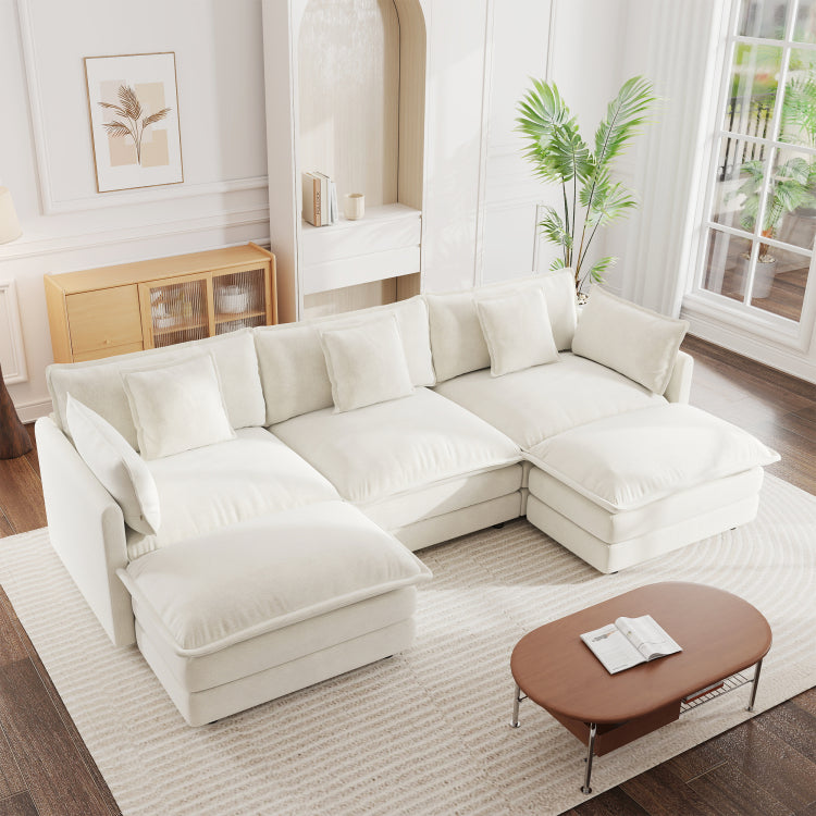 U Shaped Sectional Sofa W Reversible Footrest, 5 Seater Convertible Corner Couch With 2 Ottomans ,Modern Minimalist Soft Sofa & Couch For Living Room , White