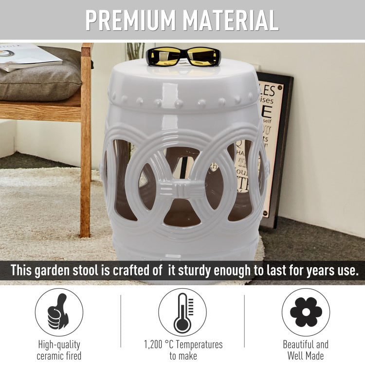 Outsunny 14" X 17" Ceramic Garden Stool With Double Coin Knotted Ring Design & Strong Glazed Material, Decorative End Table, Home Collection, White