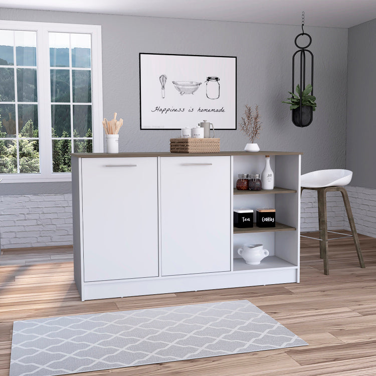 Ginger Kitchen Island, Three Open Shelves, Two Cabinets White Dark Brown