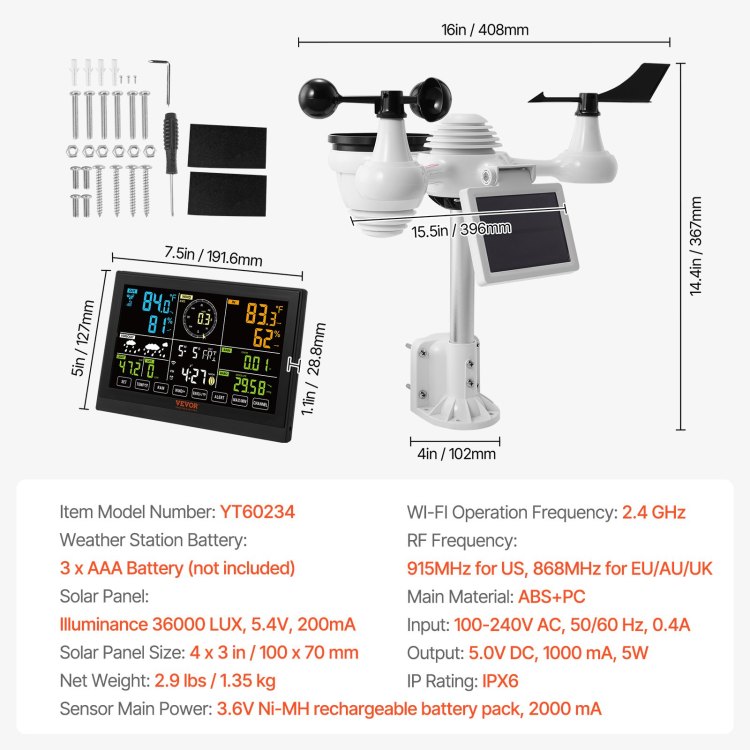 7 In 1 Wi Fi Weather Station, 7.5 In Color Display, Home Weather Station Indoor Outdoor, With Solar Wireless Outdoor Sensor Alarm Alerts, For Temperature Humidity Wind Speed Direction Rain
