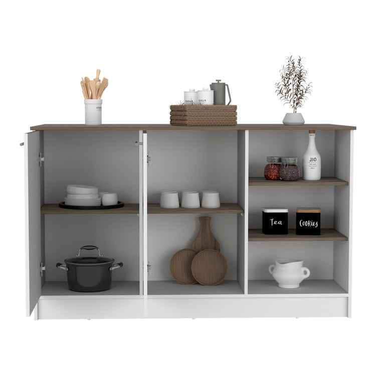 Kitchen Island Two Cabinets, Three Open Shelves, White Dark Brown