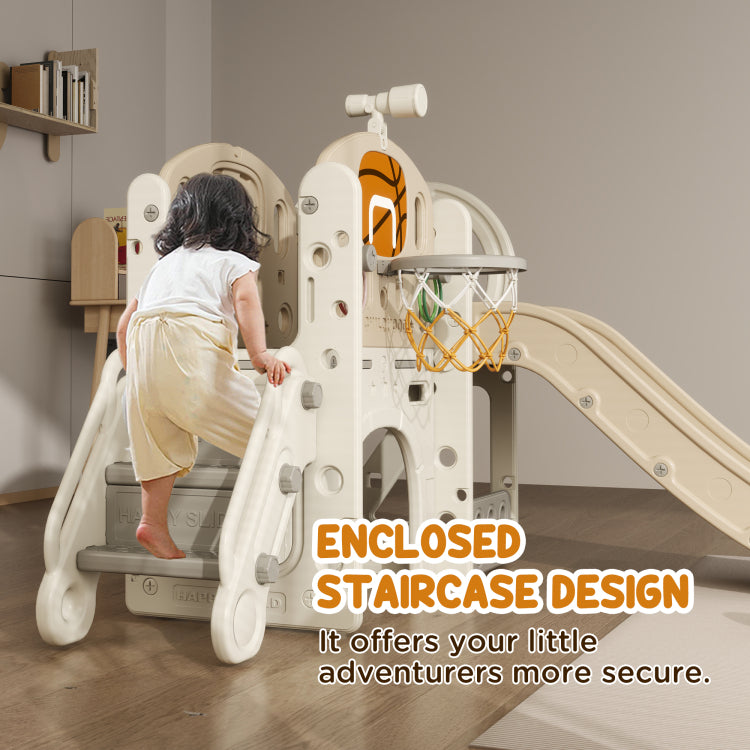 Qaba 7 In 1 Toddler Slide Playset, Kids Slide For Ages 1 6 Years With Ring Toss, Basketball Hoop, Telescope, Indoor Playground With Climber, Storage Space, Crawl Tunnel, Cream White