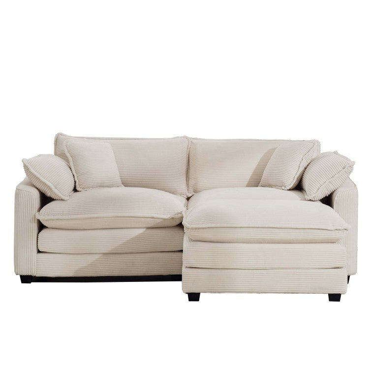 Corduroy Two Seater Sofa With 1 Footrest, L Shaped 2 Seater Sofa With Ottoman For Small Living Spaces, Light Beige Corduroy Sofa