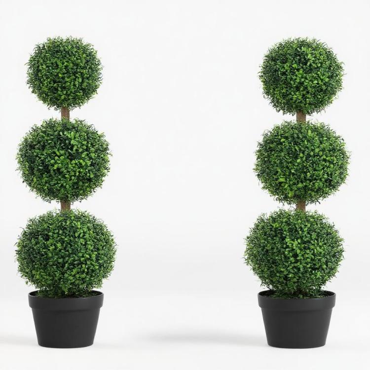 2 Pcs Set. Artificial Ball Boxwood Topiary Trees, Fake Plants In Pot