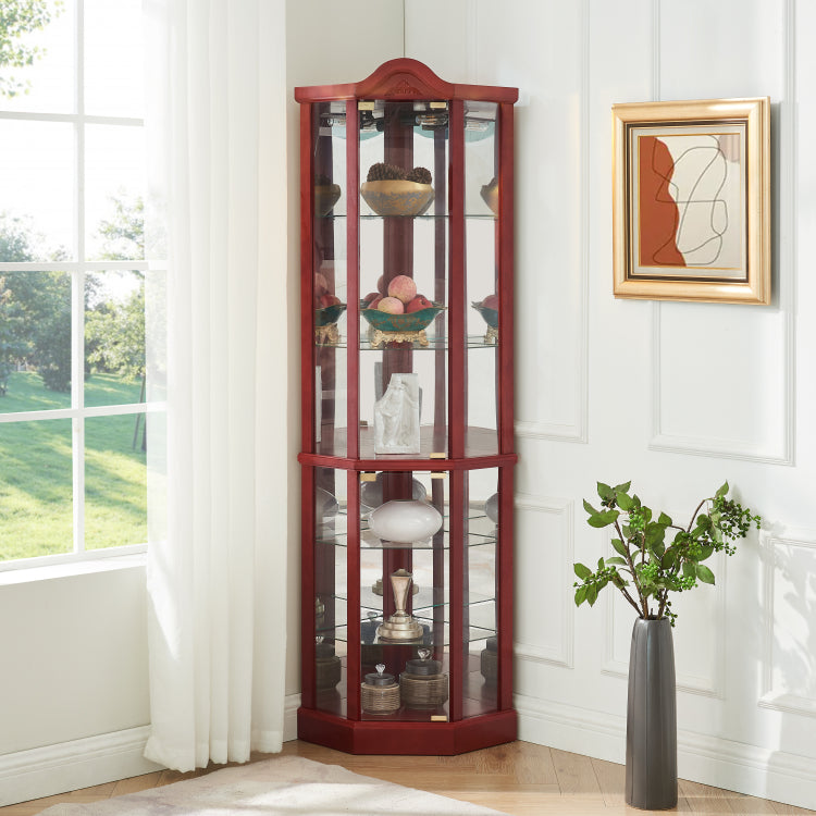 Glass Cabinet Lighted Corner Cabinet Corner Display Curio Cabinet, Glass Display With Light Included Bar Cabinet,Wine Cabinet With Adjustable Glass Shelves Carved Decoration Cherry Light Included