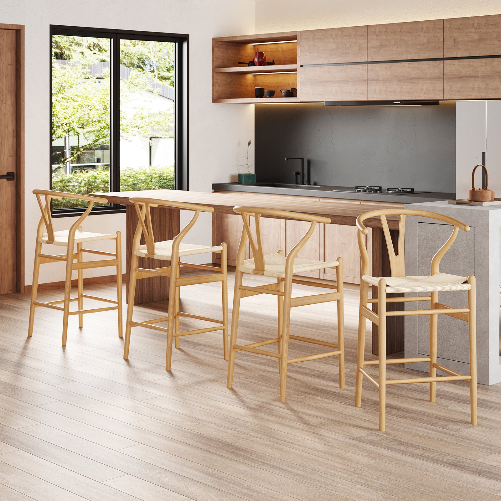 Wishbone Barstool,Weave Counter Height Bar Stools, Fully Assembled Rattan Bar Chairs For Kitchen Island,1Pc,Natural