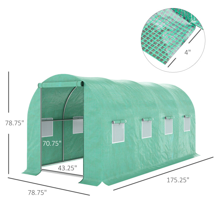 Outsunny 15' X 7' X 6.5' Walk In Tunnel Hoop Greenhouse, Green House With Polyethylene Pe Cover, Steel Frame, Roll Up Zipper Door & Windows For Flowers, Vegetables, Tropical Plants, Green