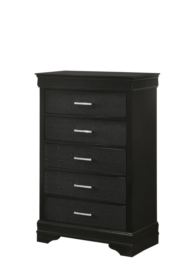 5 Drawer Tall Chest Modern 1Pc Black Finish Solid Wood Wooden Crocodile Texture Crystal Tufted Handle Bedroom Home Furniture