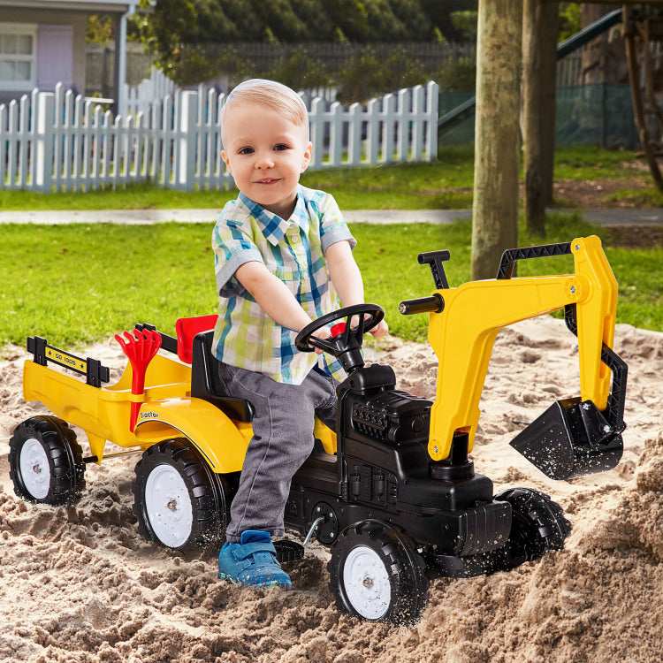 Aosom Digger Ride On Truck Kids Car With Horn, Excavator Ride On Toy, Imaginative Toy Construction Car, 6 Wheels & Detachable Trailer, Yellow