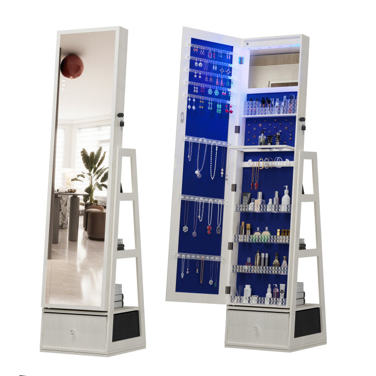 360 Swivel Jewelry Cabinet With Full Length Mirror, 360 Rotating Standing Jewelry Armoire Organizer, Lockable Storage Cabinet, Interior Lighted Mirror And Storage Drawers, White