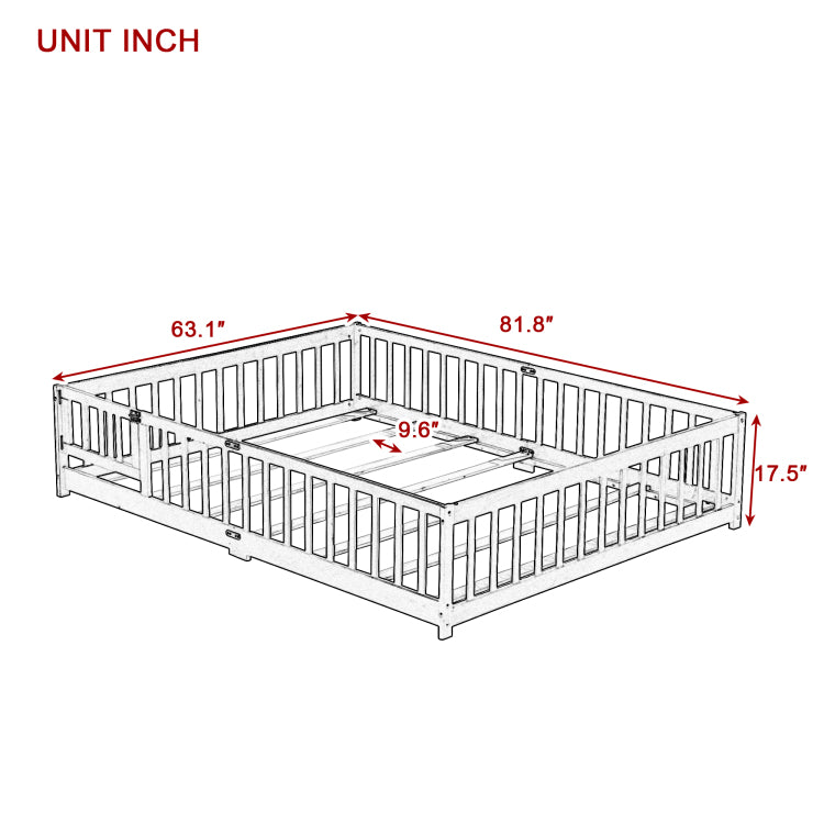 Queen Size Floor Bed With Fence,Door,Rubber Wood Floor Bed With Safety Guardrails,Grey