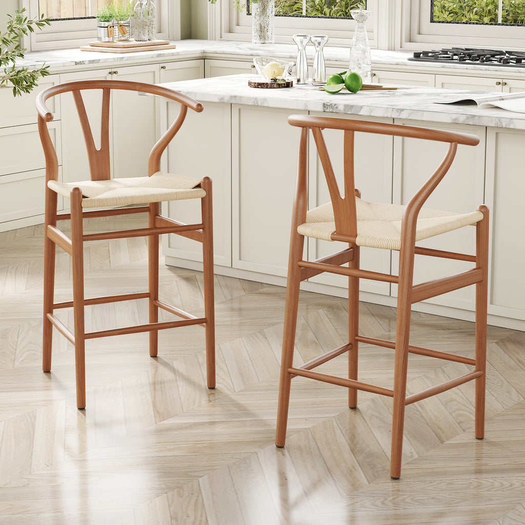 Wishbone Barstool,Weave Counter Height Bar Stools, Fully Assembled Rattan Bar Chairs For Kitchen Island,1Pc,Walnut