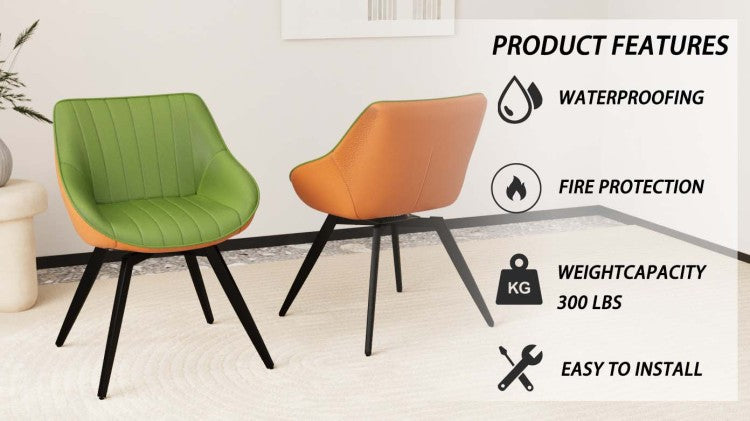 A Set Of 2 Dining Chairs, Medieval Modern Kitchen Dining Chair, Pu Decorative Chairs With Black Metal Legs, Suitable For Home&Kitchen Green And Orange