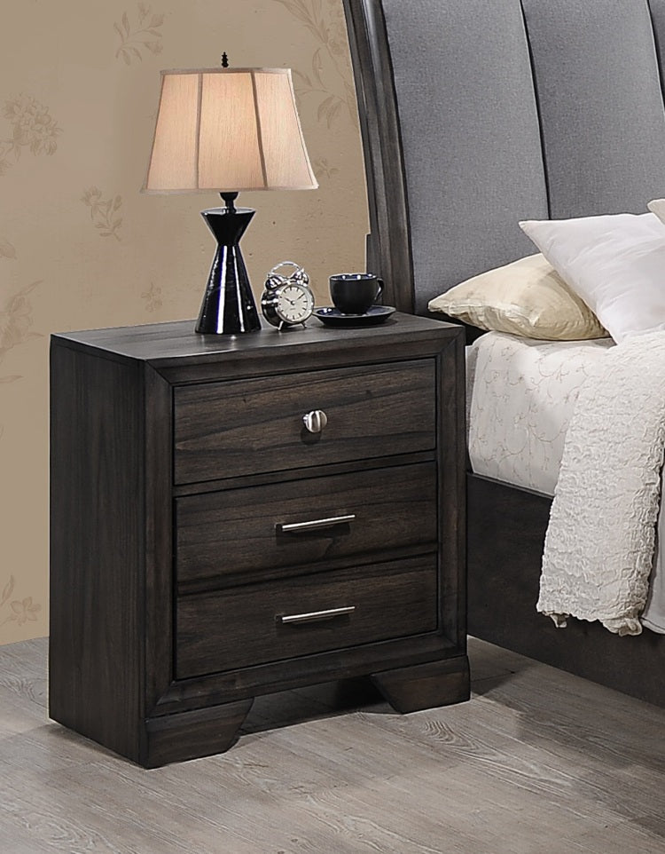 1Pc Contemporary Dark Wood Grain Finish Metal Knobs Two Drawers Nightstand Wooden Gray