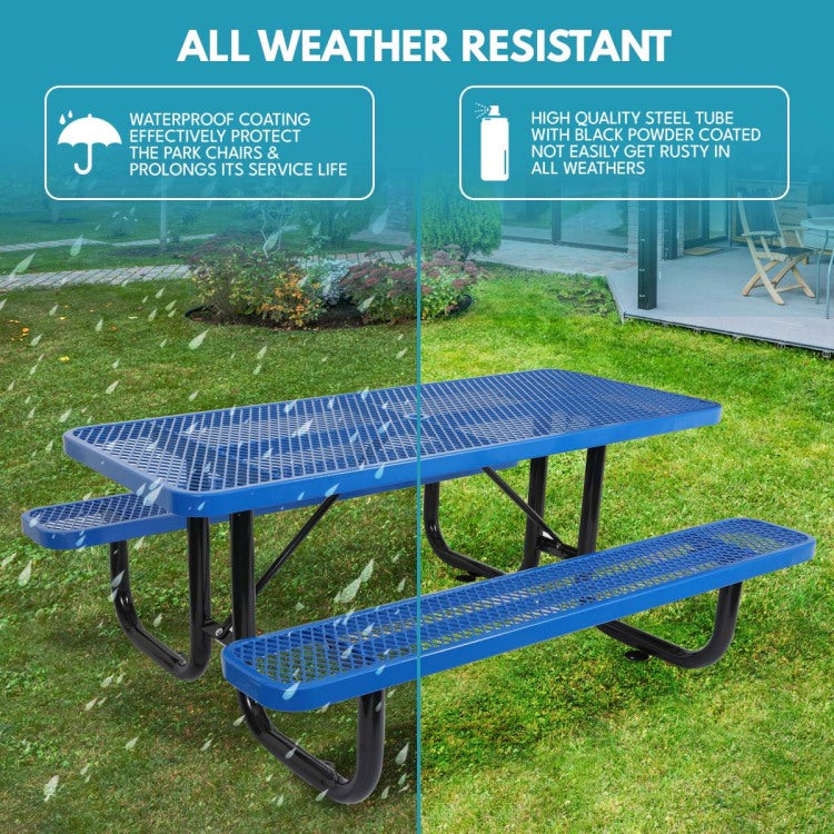 6 Ft. Rectangular Outdoor Steel Picnic Table With Umbrella Pole In Blue