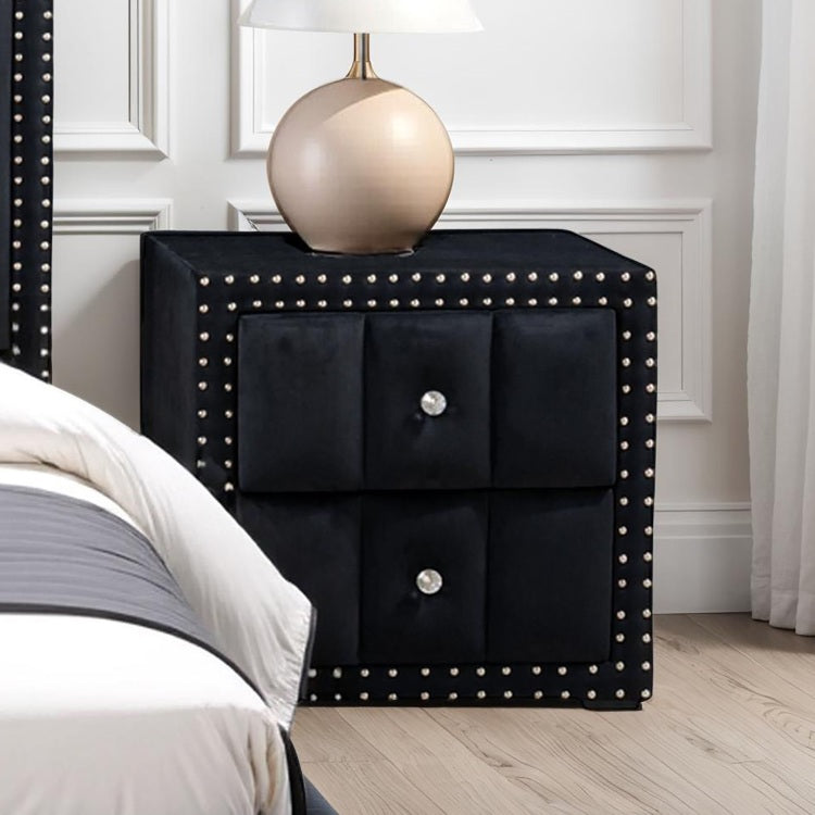 Black Color Contemporary Style 1Pc Nightstand Crystal Like Knobs Vertical Channel Tufting Nailhead Trim Fabric Bedside Table Bedroom Furniture