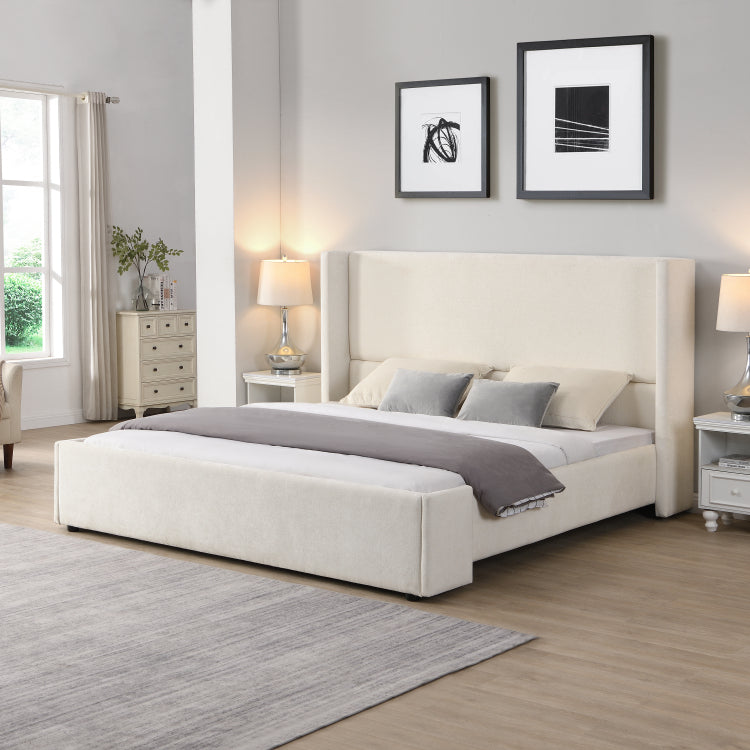 Elegant White Fabric Upholstered Bed With Tall Headboard, White, King