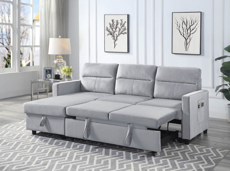 Iride 81.5"W Light Gray Velvet Reversible Sleeper Sectional Sofa With Storage Chaise And Side Pocket