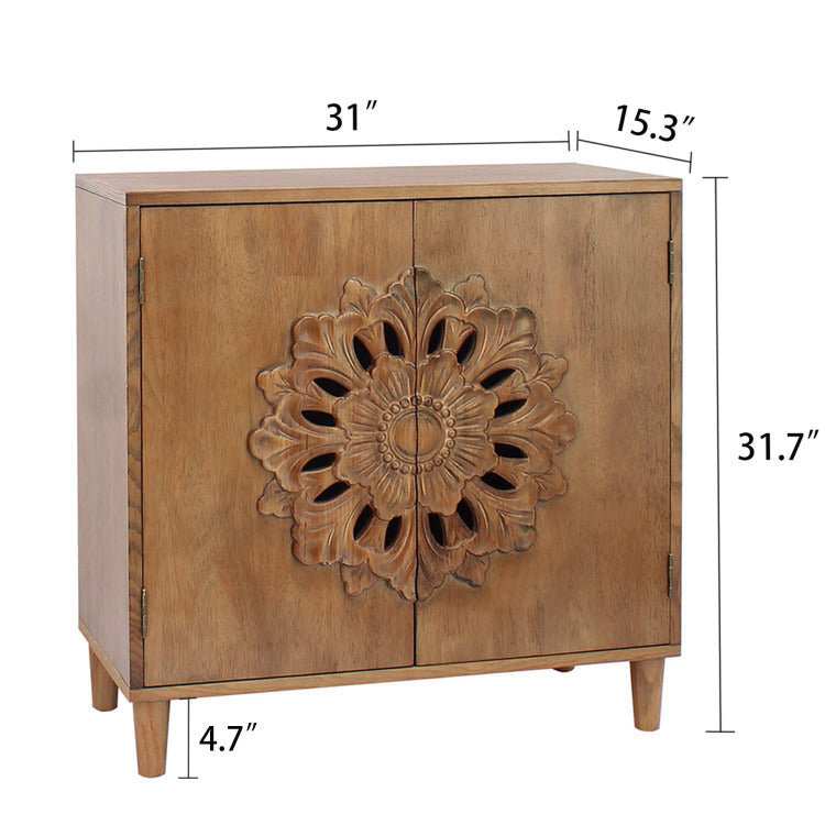 Rustic Hand Carved Wooden 2 Door Cabinet Boho Accent Storage Cabinet With Floral Design, Solid Wood Sideboard For Living Room, Entryway, Or Bedroom