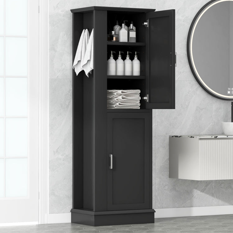 Tall Bathroom Storage Cabinet, Freestanding Storage Cabinet With Hook And Adjustable Shelf, Mdf Board, Black