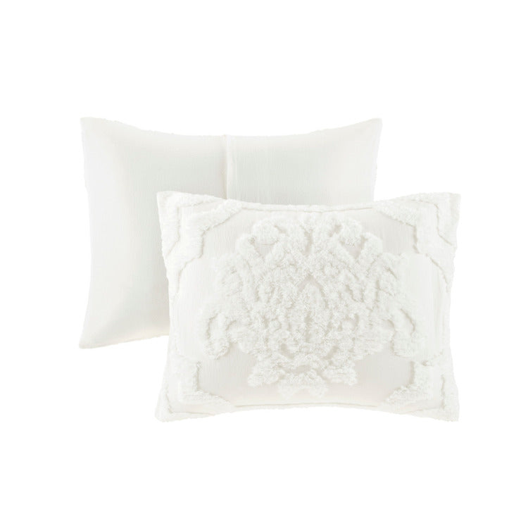 3 Piece Tufted Cotton Chenille Damask Comforter Set Off White Full Queen