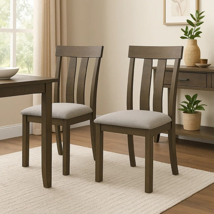 Omal Set Of 2 Dining Chairs, Brown Wood Slatted Back, Gray Fabric Seat