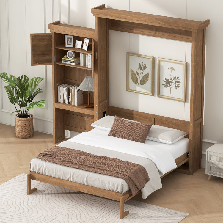 Queen Size Murphy Bed With Multiple Storage Shelves And Louvered Style Decoration, Wood Color