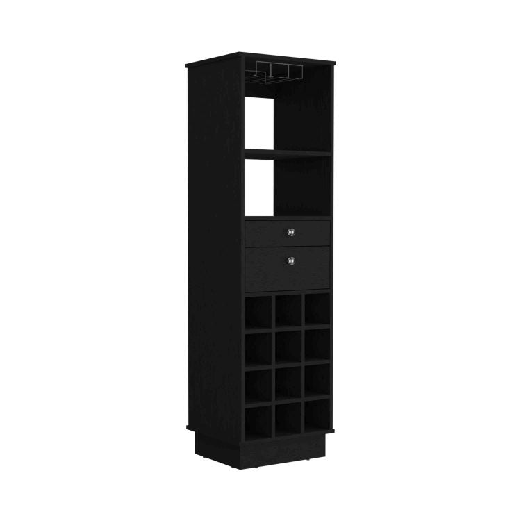 Classic Bar Cabinet, Two Drawers, Twelve Built In Wine Rack Black