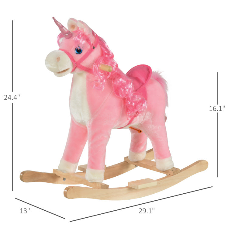 Qaba Rocking Horse, Kids Ride On Horse Unicorn Design With Wooden Base, Tail Wag & Sounds For Toddlers 3 6 Years Old, Pink