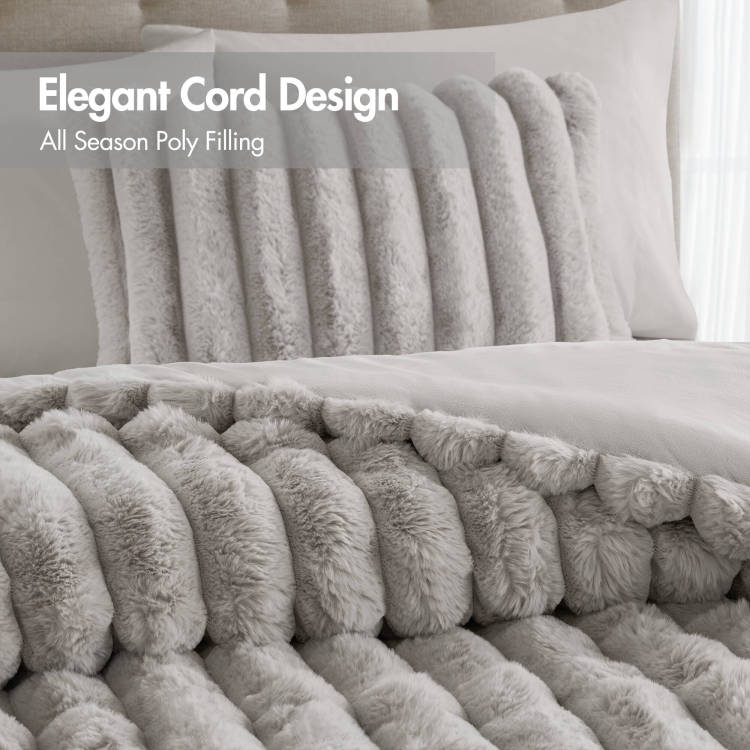 3 Pieces Full Queen Soft Faux Fur Ribbed Comforter Set,Light Gray