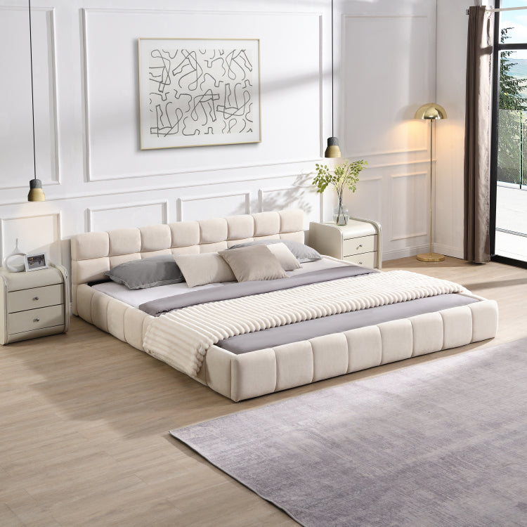Elegant Beige Chenille Upholstered Bed With Checkerboard Design, King, Beige