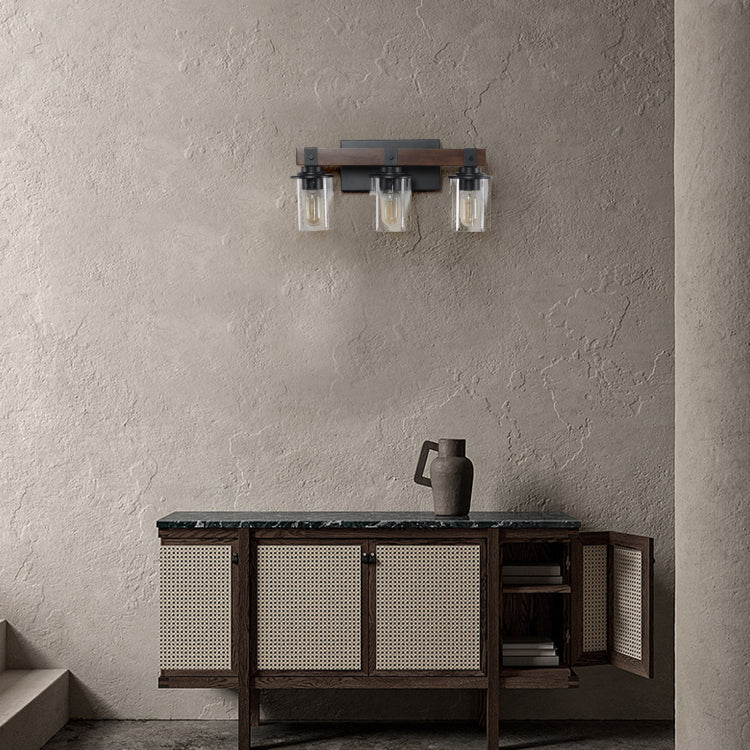 19" Rustic 3 Light Vanity Light, Industrial Bathroom Wall Sconce With Glass Shades And Wood Accent, Modern Farmhouse Lighting Fixture No Bulbs