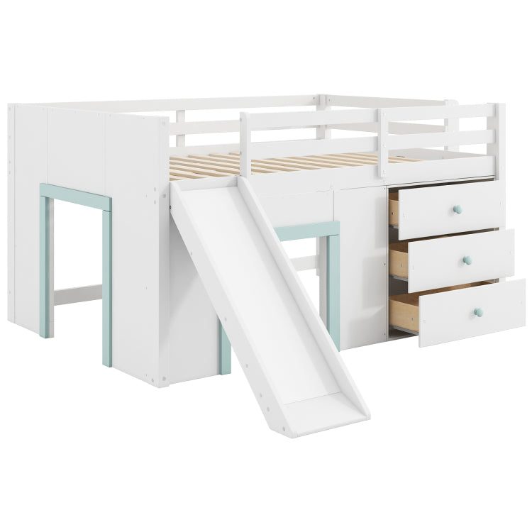 Full Size Low Loft Bed With Slide,Three Storage Drawers And Two Doors,White