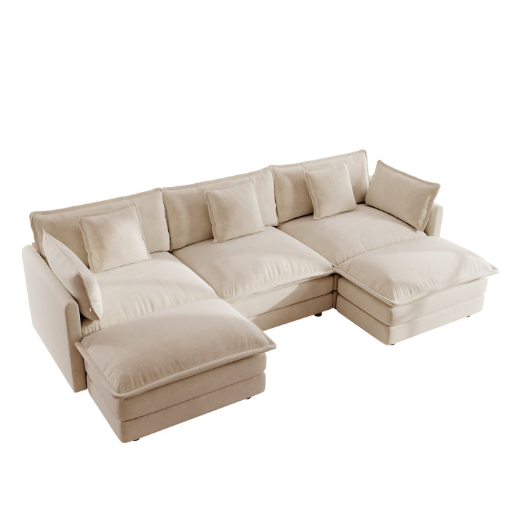 U Shaped Sectional Sofa W Reversible Footrest, 5 Seater Convertible Corner Couch With 2 Ottomans ,Modern Minimalist Soft Sofa & Couch For Living Room , Light Coffee Chenille