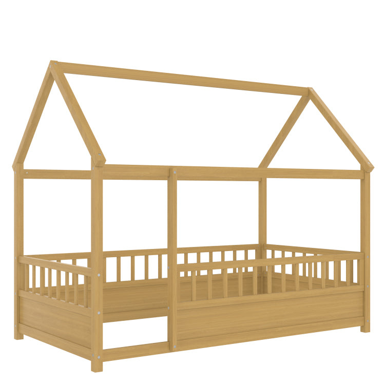 Twin Size Floor Wooden Bed With House Roof Frame, Fence Guardrails, Twin,Natural